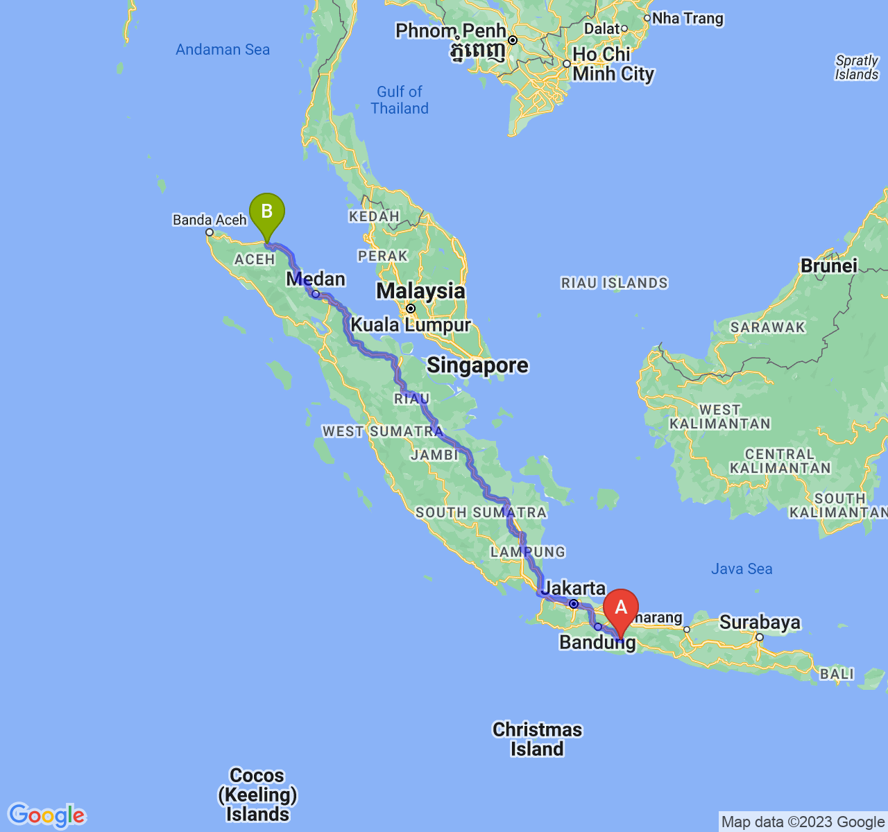 rute perjalanan Kab. Ciamis-Kota Lhokseumawe