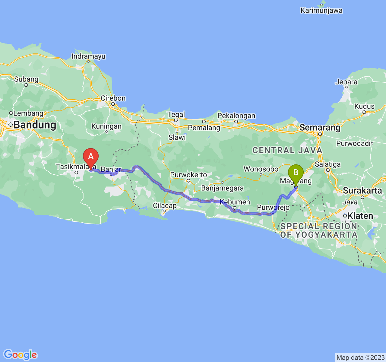 rute perjalanan Kab. Ciamis-Kota Magelang