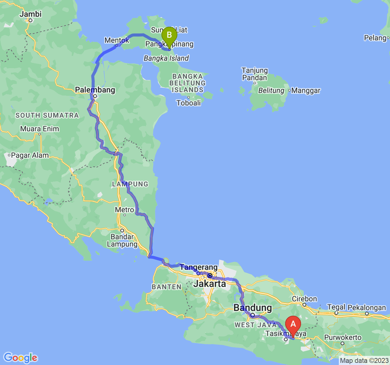 rute perjalanan Kab. Ciamis-Kota Pangkalpinang