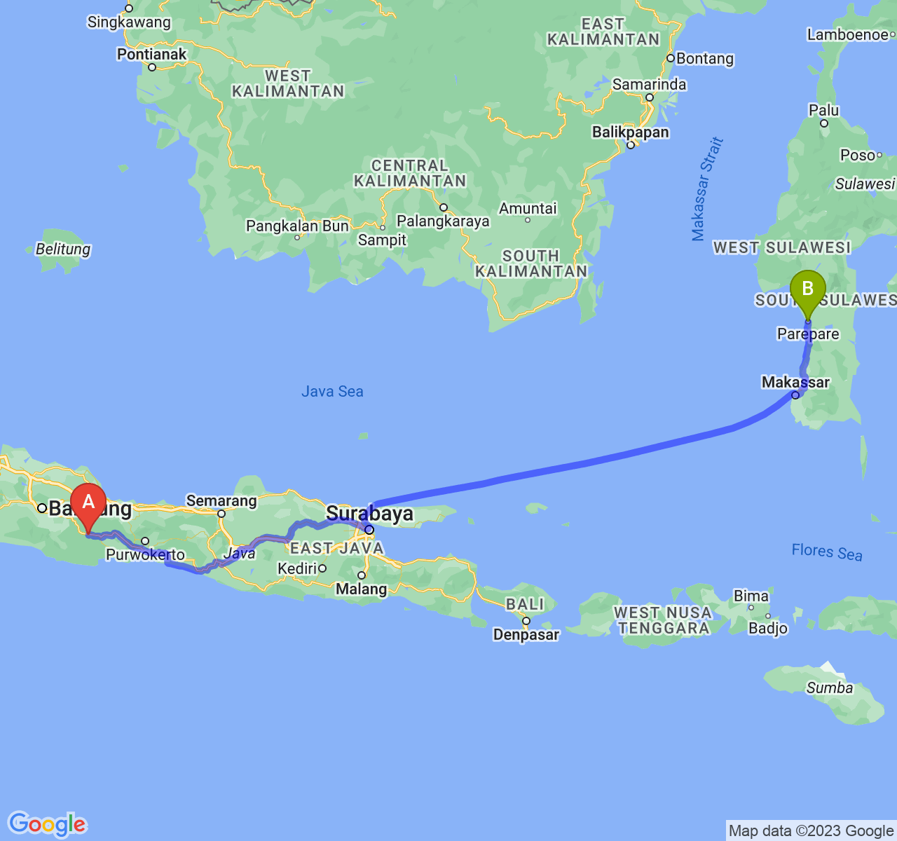 rute perjalanan Kab. Ciamis-Kota Parepare