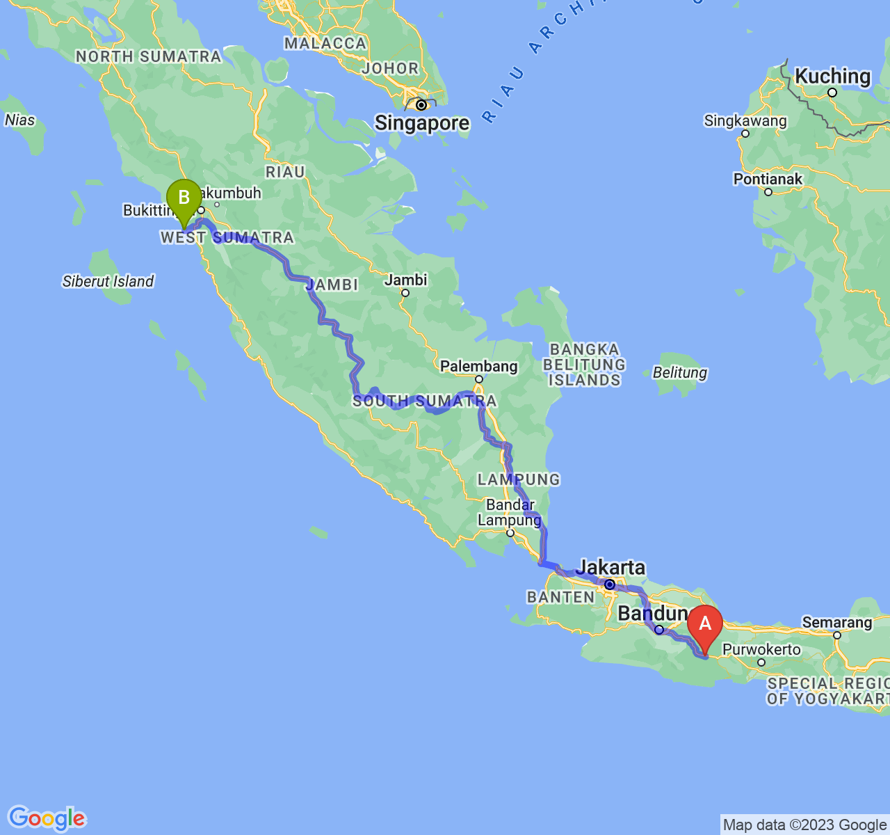 rute perjalanan Kab. Ciamis-Kota Pariaman