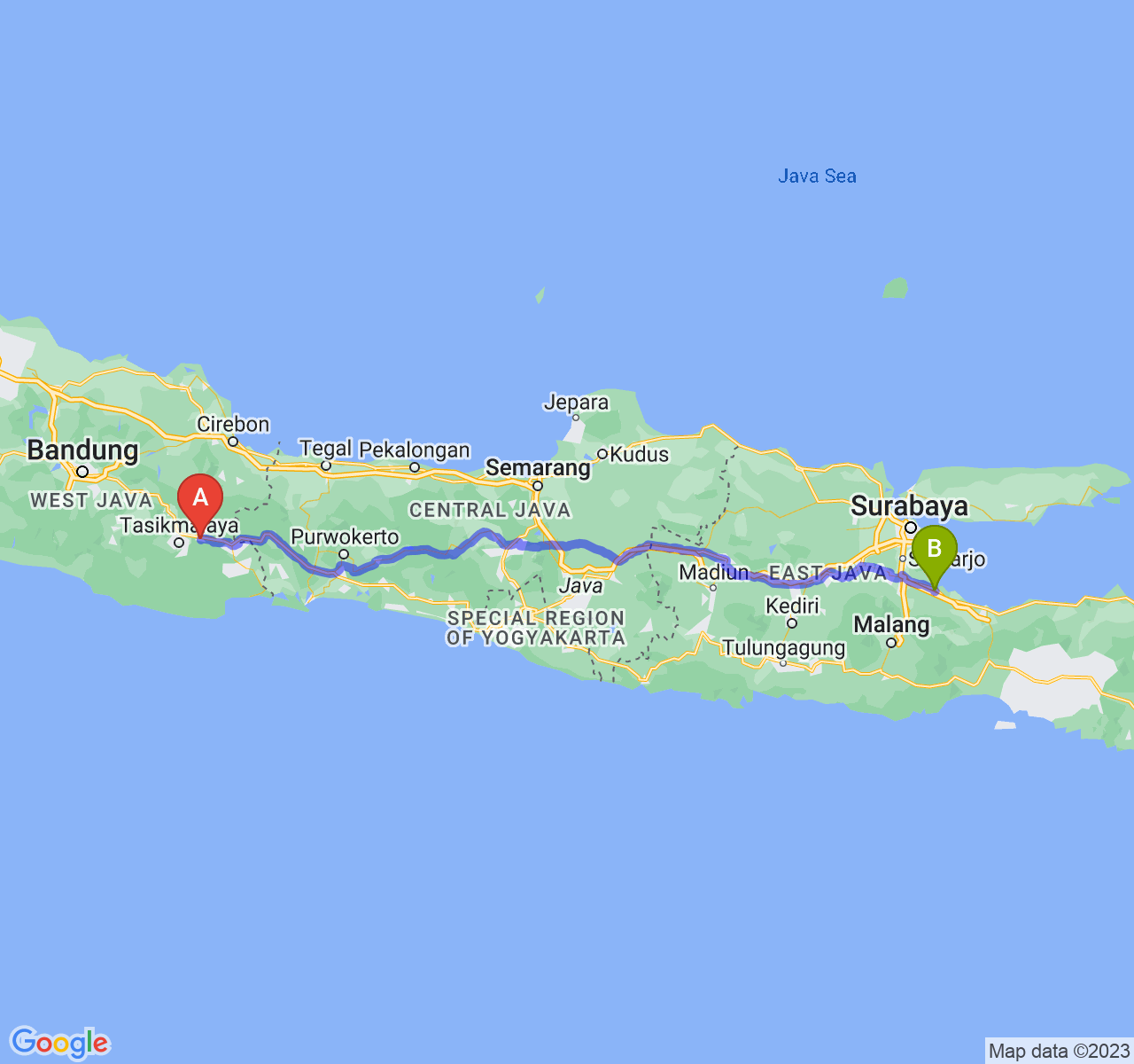 rute perjalanan Kab. Ciamis-Kota Pasuruan