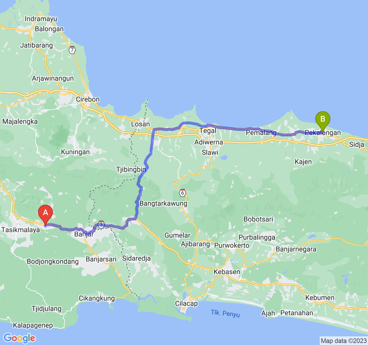 rute perjalanan Kab. Ciamis-Kota Pekalongan