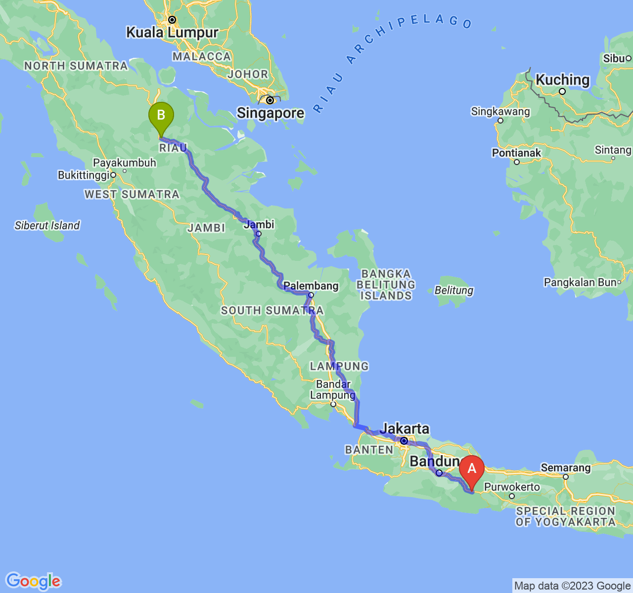 rute perjalanan Kab. Ciamis-Kota Pekanbaru