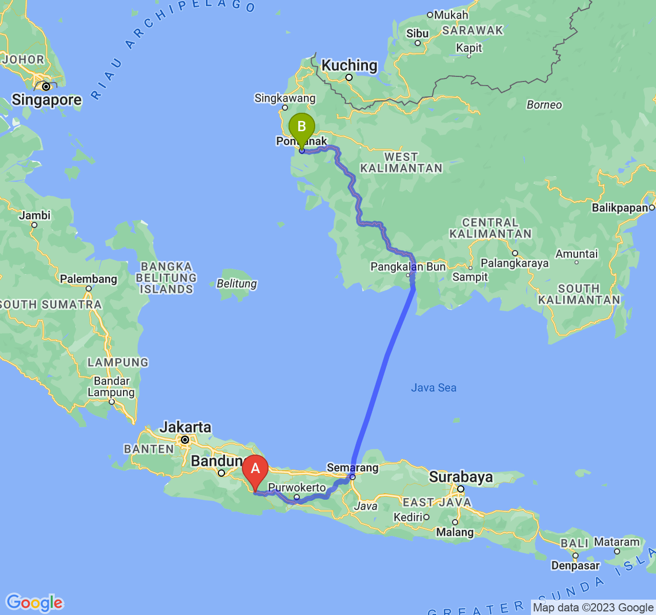 rute perjalanan Kab. Ciamis-Kota Pontianak