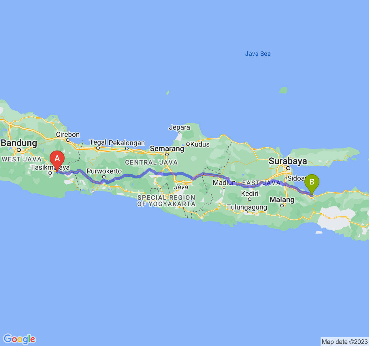 rute perjalanan Kab. Ciamis-Kota Probolinggo