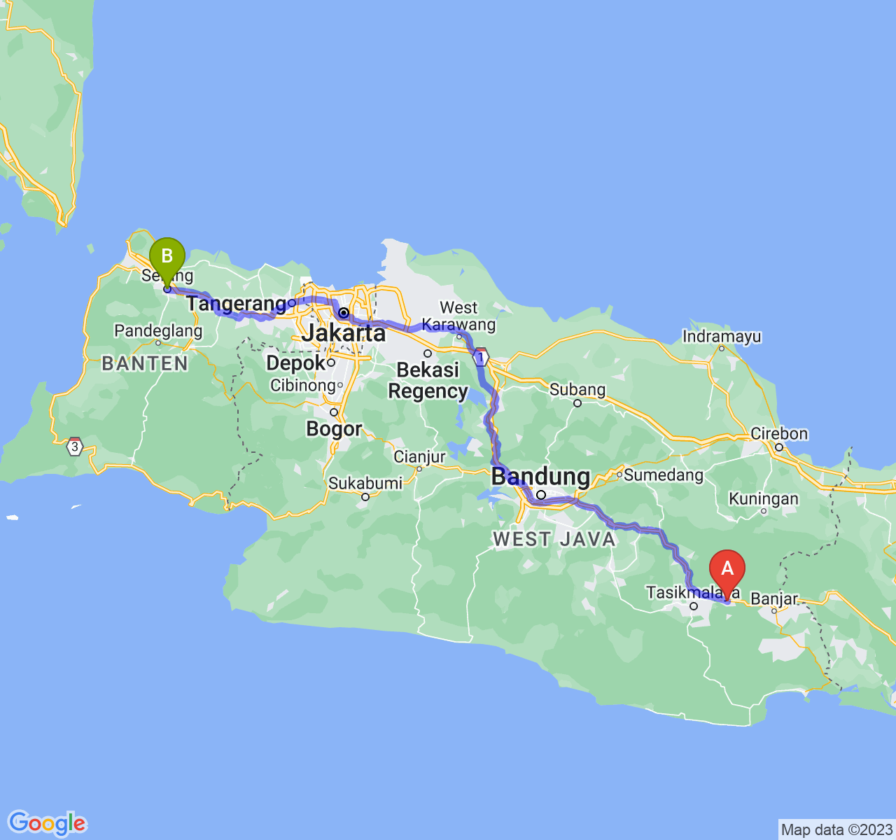 rute perjalanan Kab. Ciamis-Kota Serang