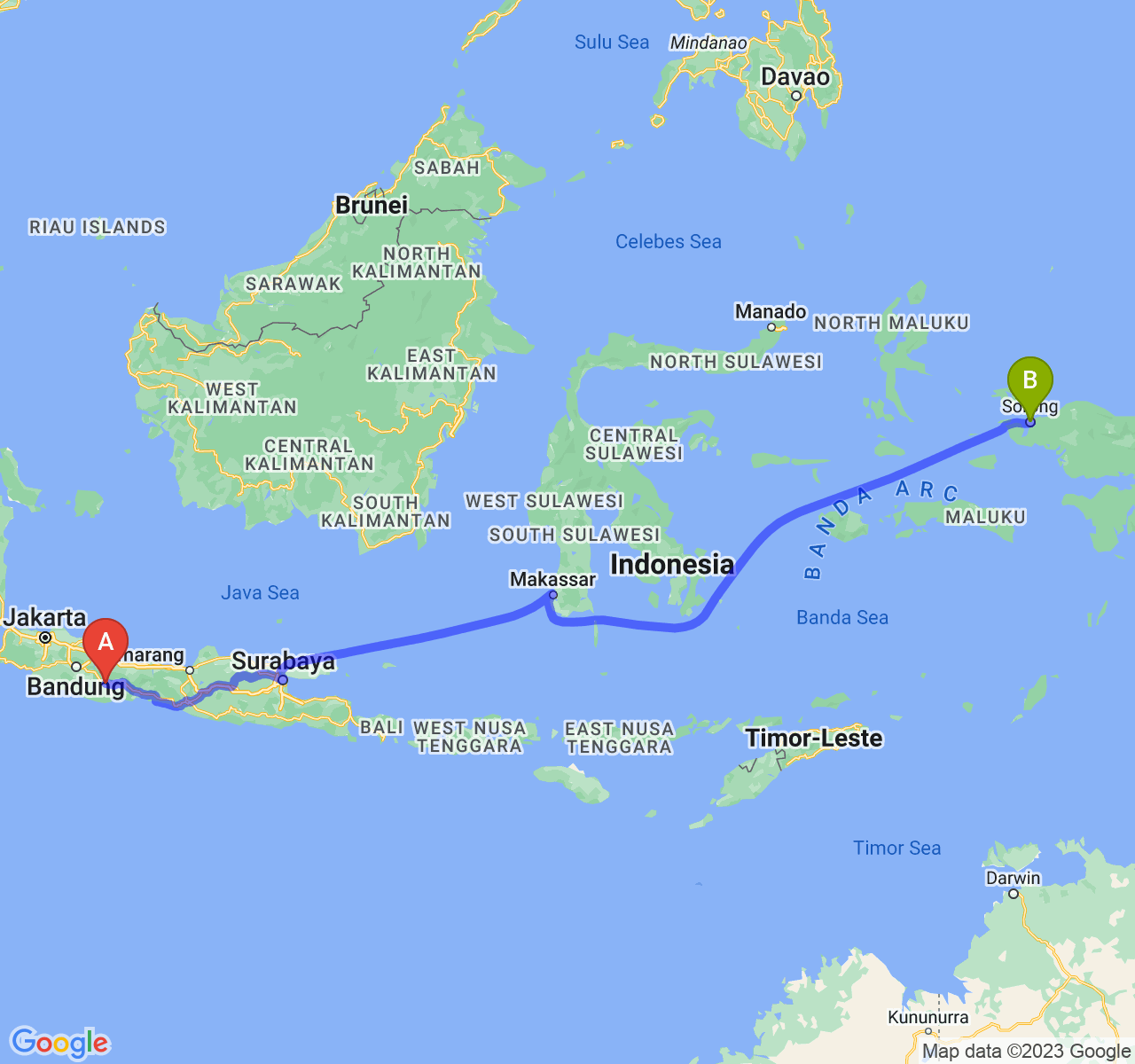 rute perjalanan Kab. Ciamis-Kota Sorong