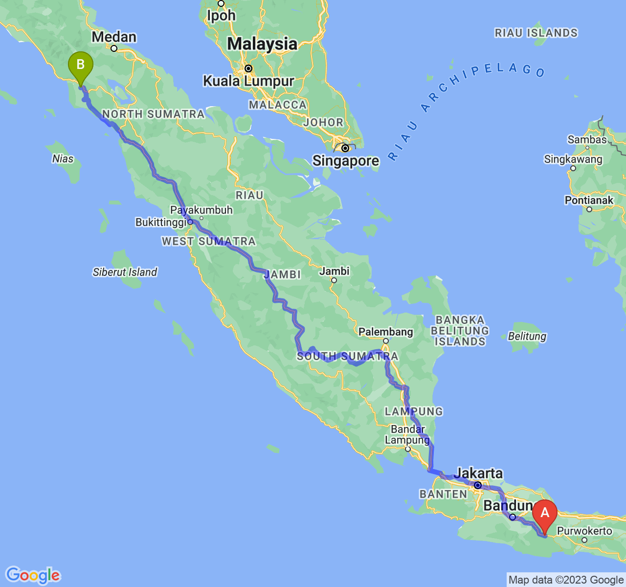 rute perjalanan Kab. Ciamis-Kota Subulussalam