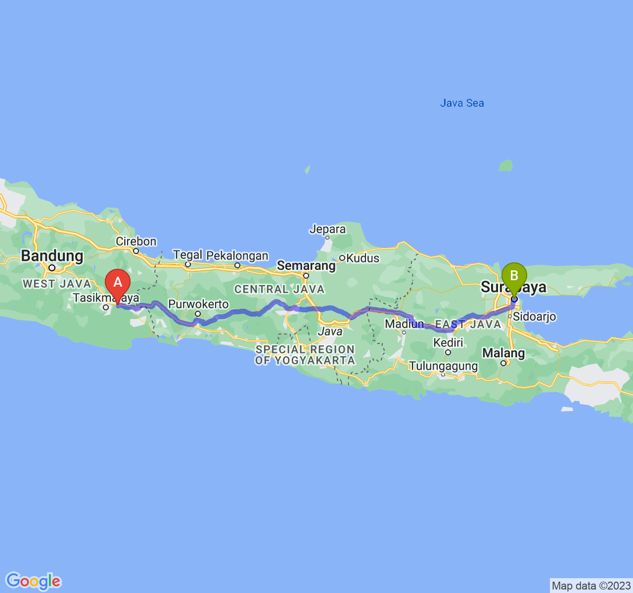 rute perjalanan Kab. Ciamis-Kota Surabaya