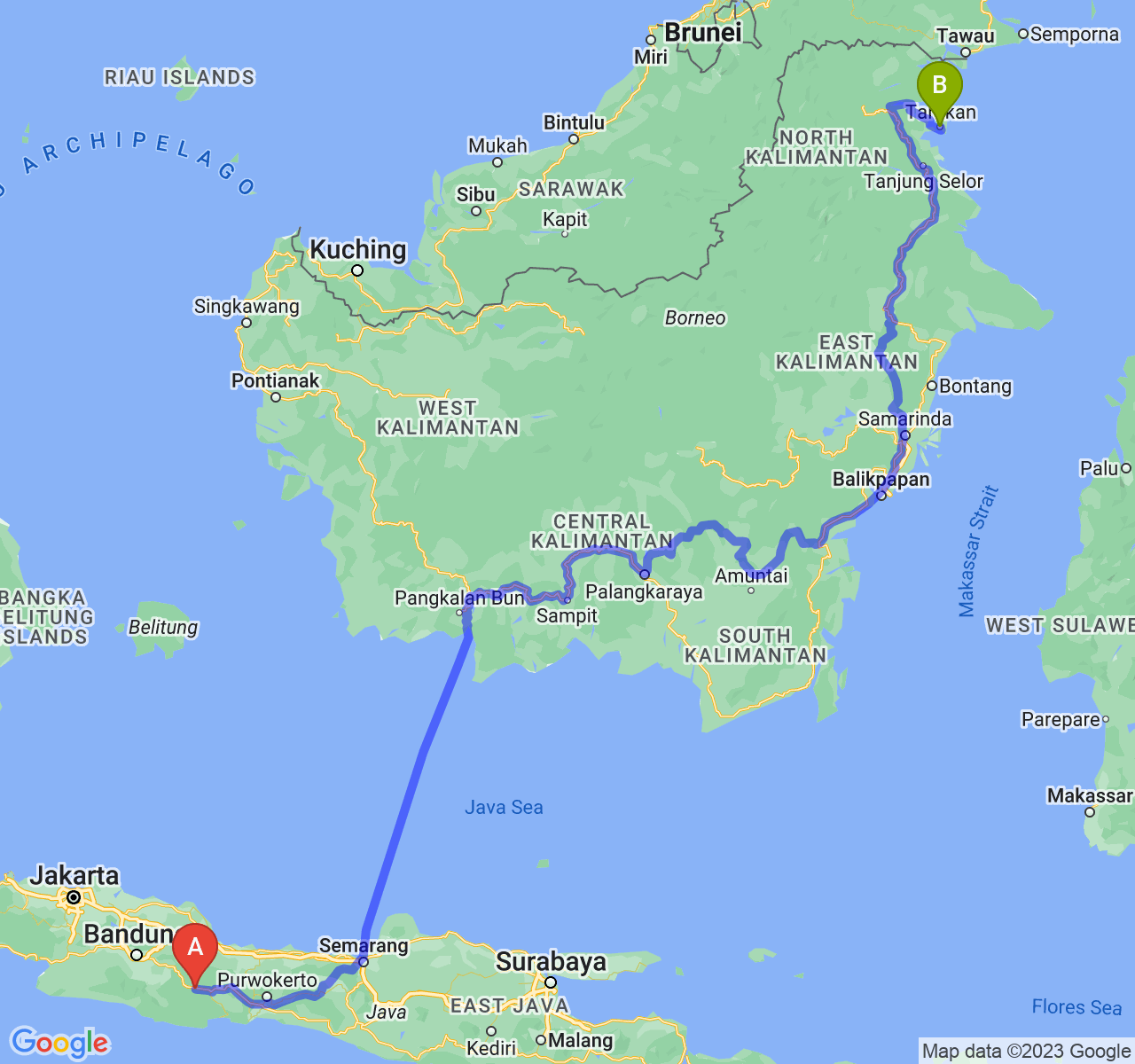 rute perjalanan Kab. Ciamis-Kota Tarakan