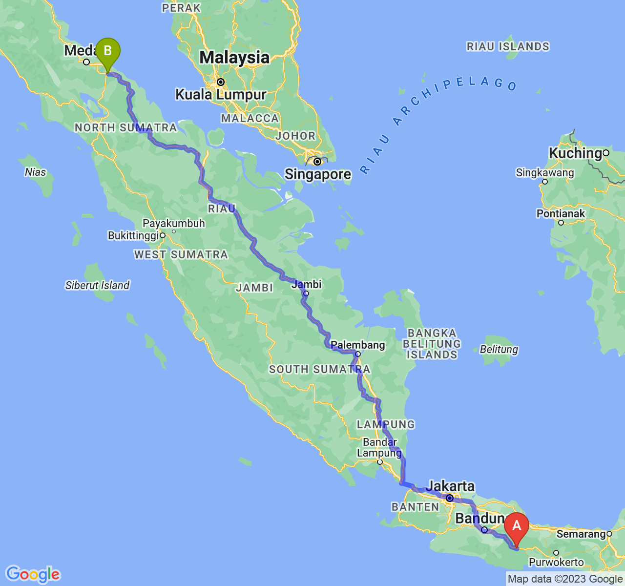 rute perjalanan Kab. Ciamis-Kota Tebing Tinggi