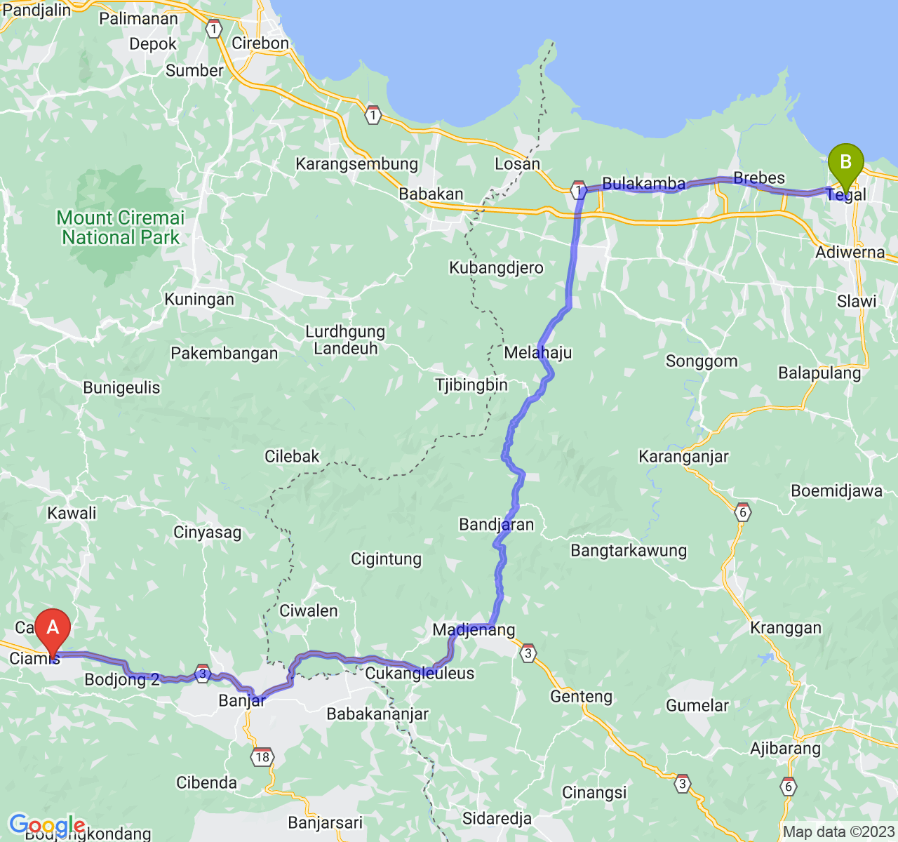 rute perjalanan Kab. Ciamis-Kota Tegal