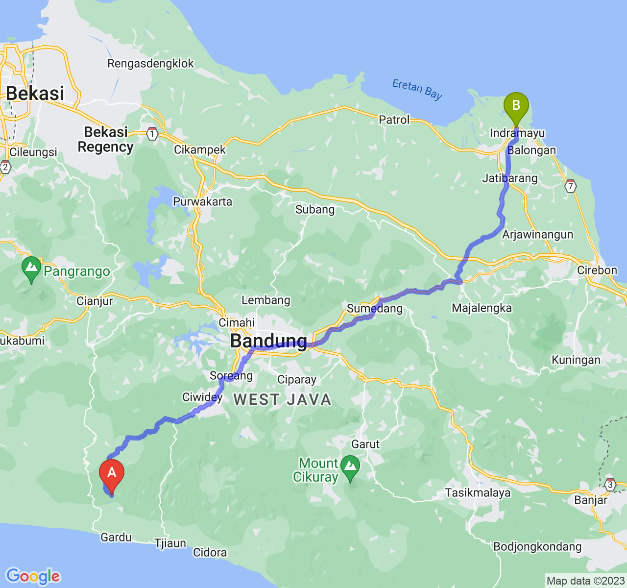 rute perjalanan Kab. Cianjur-Kab. Indramayu