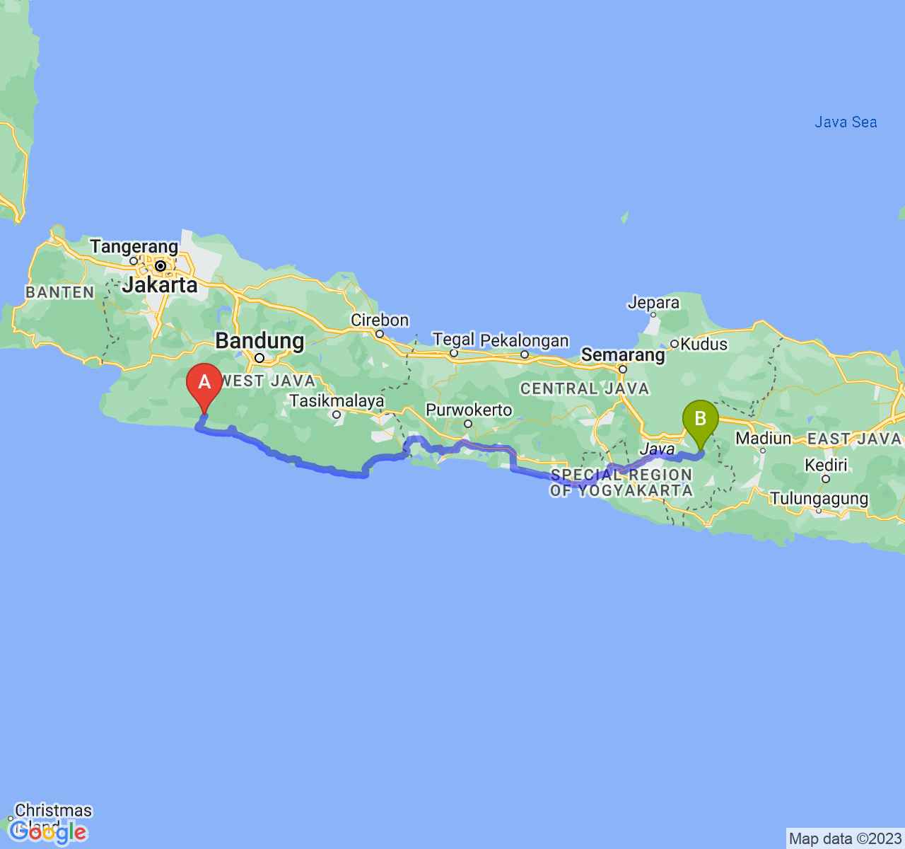 rute perjalanan Kab. Cianjur-Kab. Karanganyar