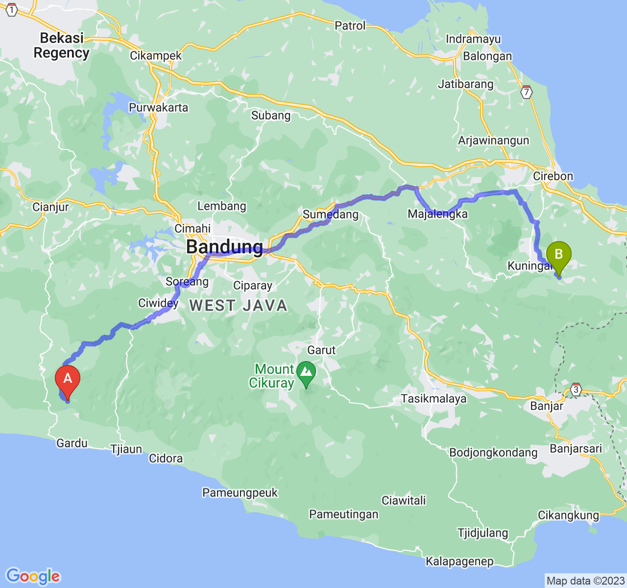 rute perjalanan Kab. Cianjur-Kab. Kuningan