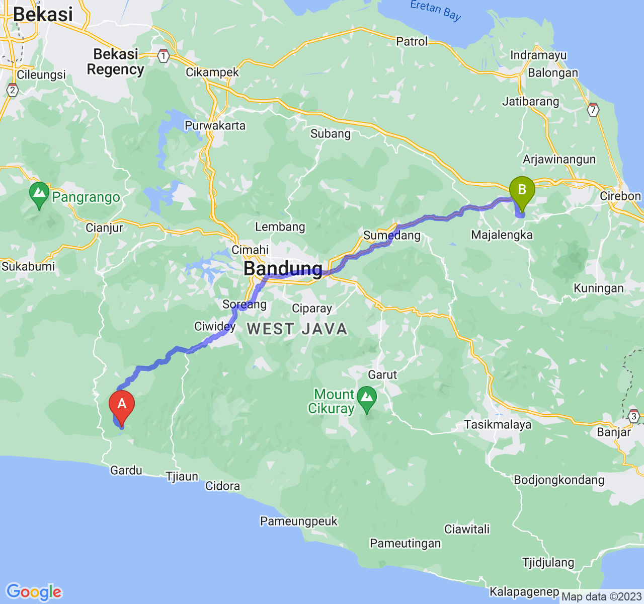 rute perjalanan Kab. Cianjur-Kab. Majalengka