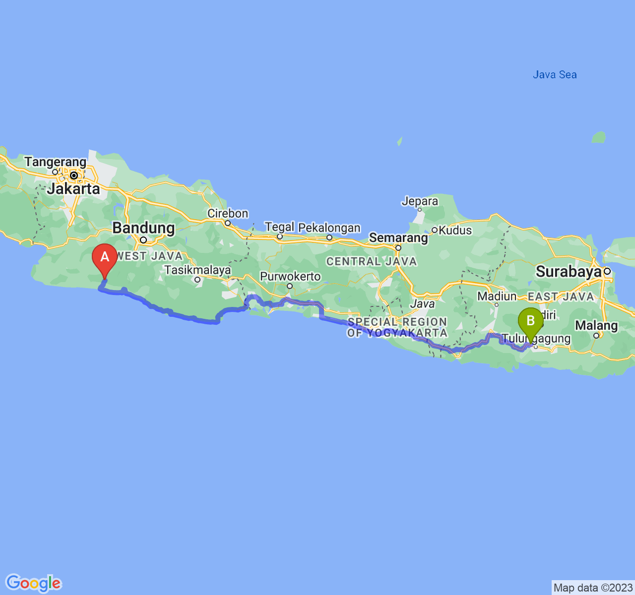 rute perjalanan Kab. Cianjur-Kab. Tulungagung