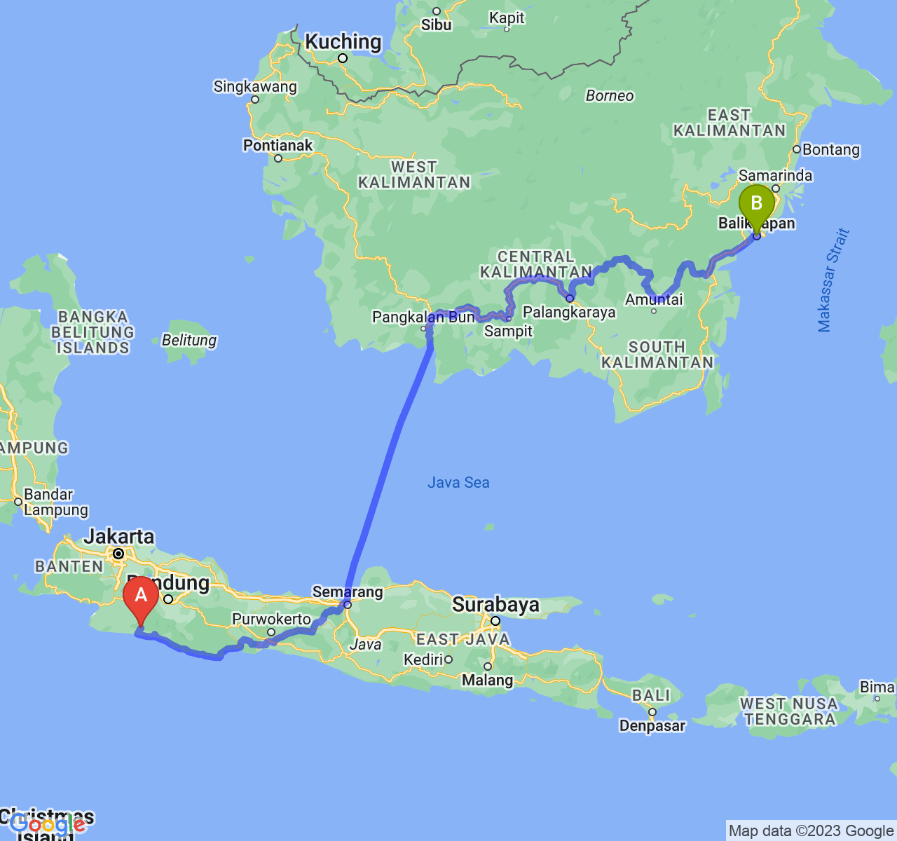 rute perjalanan Kab. Cianjur-Kota Balikpapan