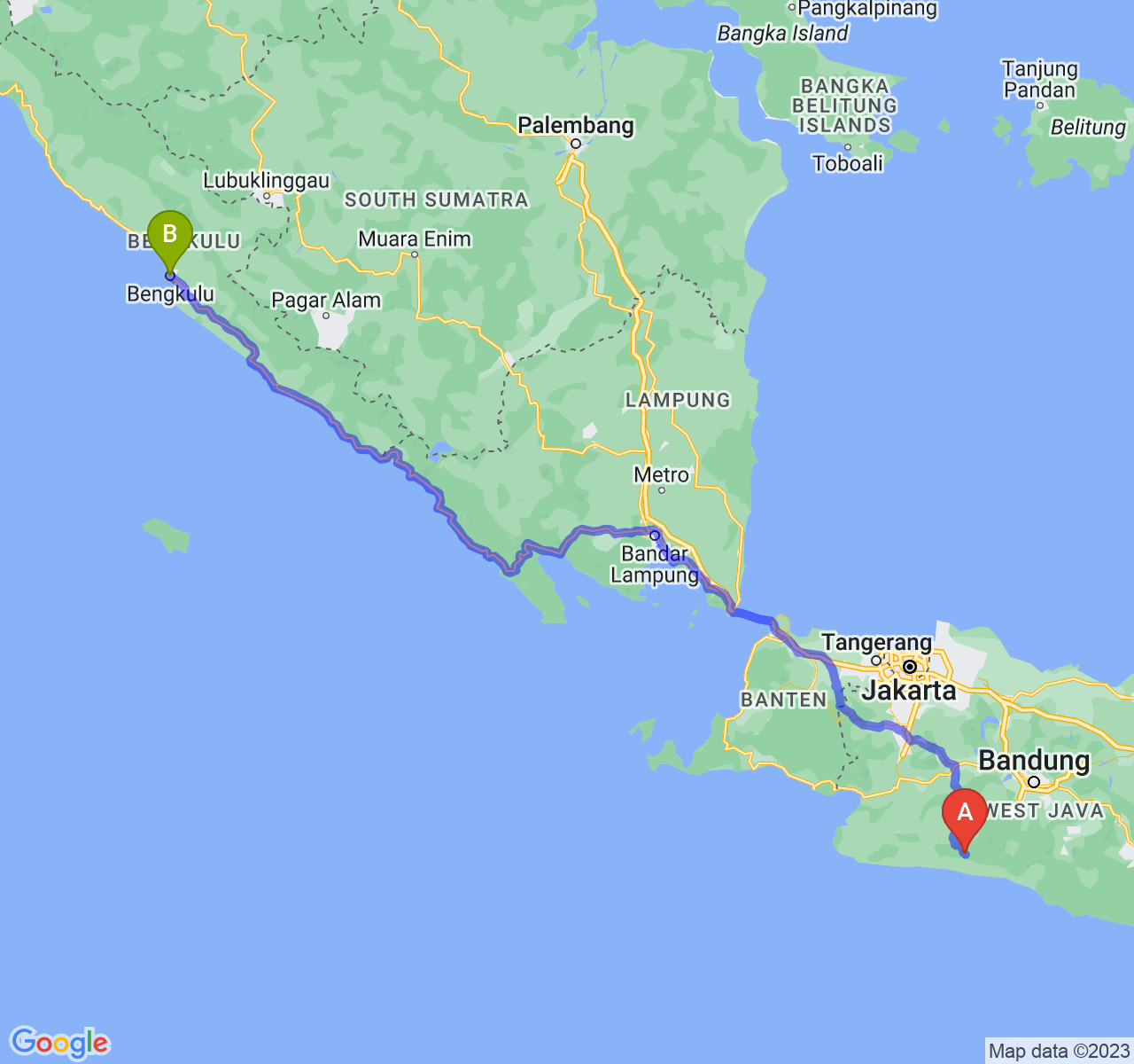 rute perjalanan Kab. Cianjur-Kota Bengkulu