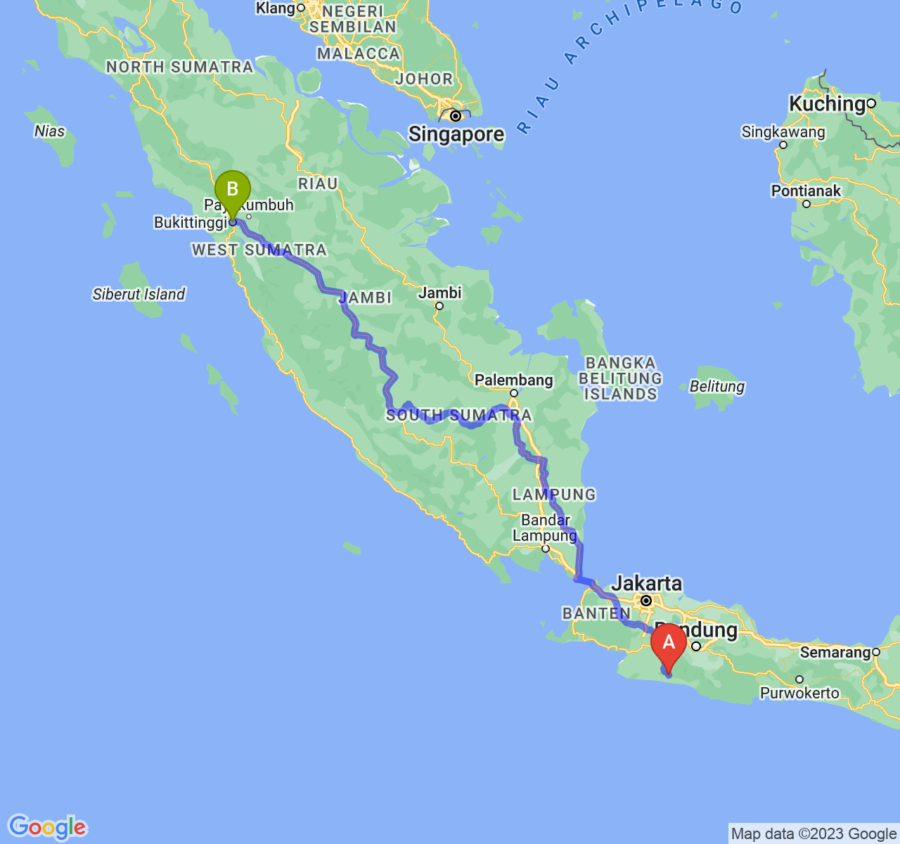 rute perjalanan Kab. Cianjur-Kota Bukittinggi