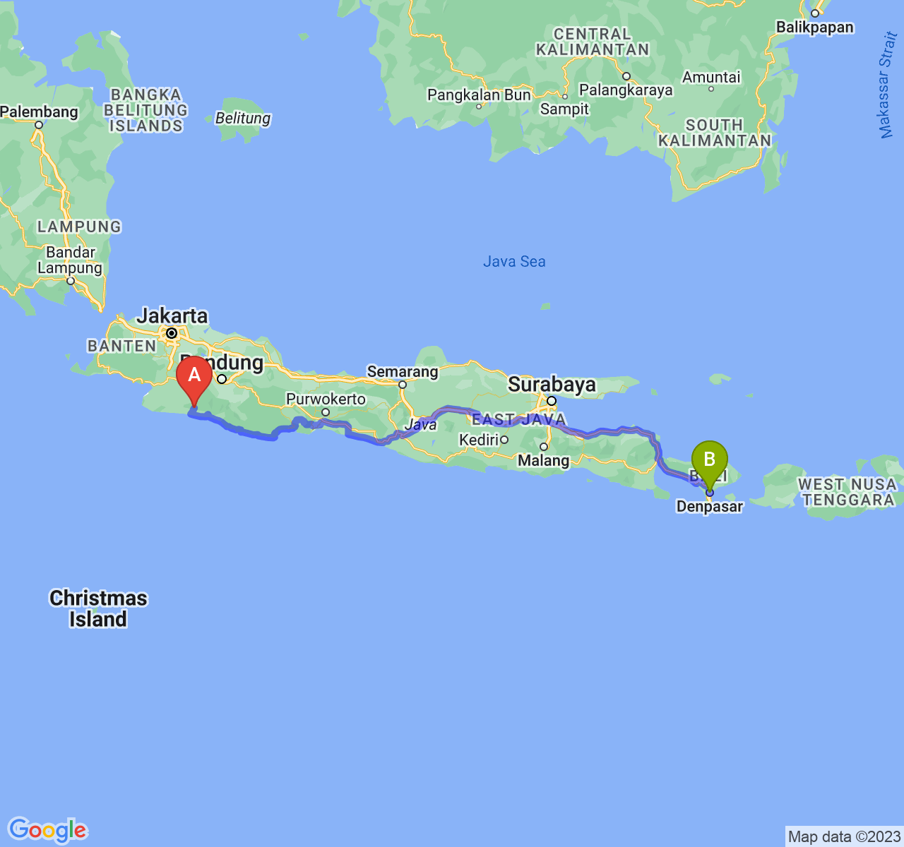 rute perjalanan Kab. Cianjur-Kota Denpasar