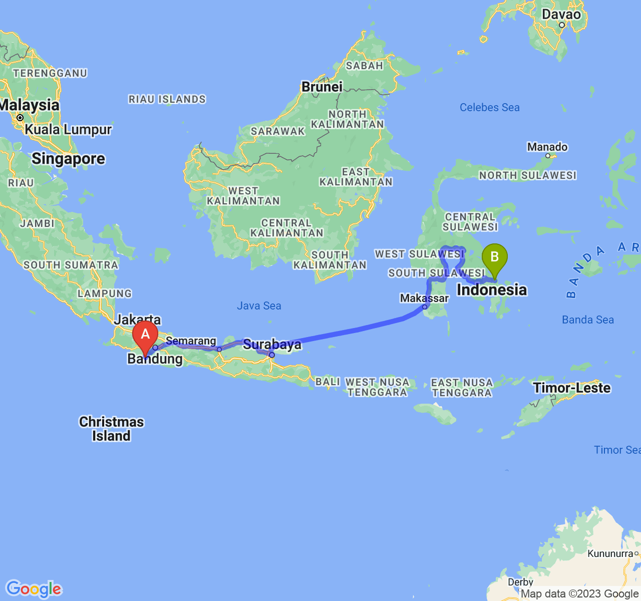 rute perjalanan Kab. Cianjur-Kota Kendari