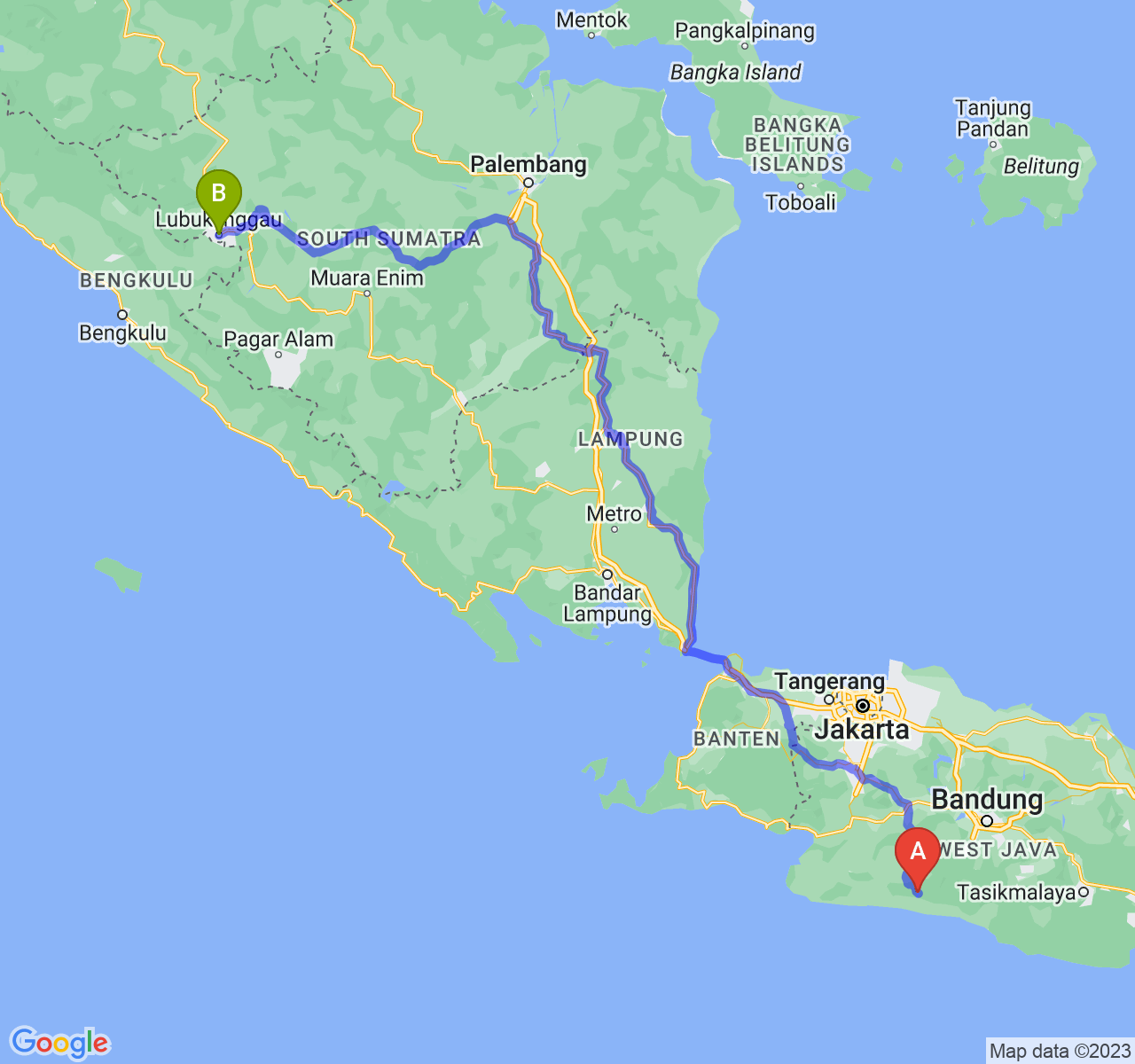 rute perjalanan Kab. Cianjur-Kota Lubuk Linggau