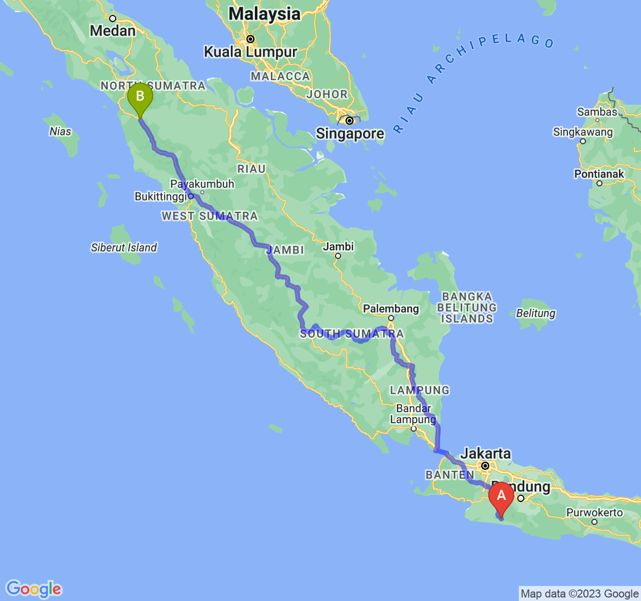 rute perjalanan Kab. Cianjur-Kota Padang Sidimpuan