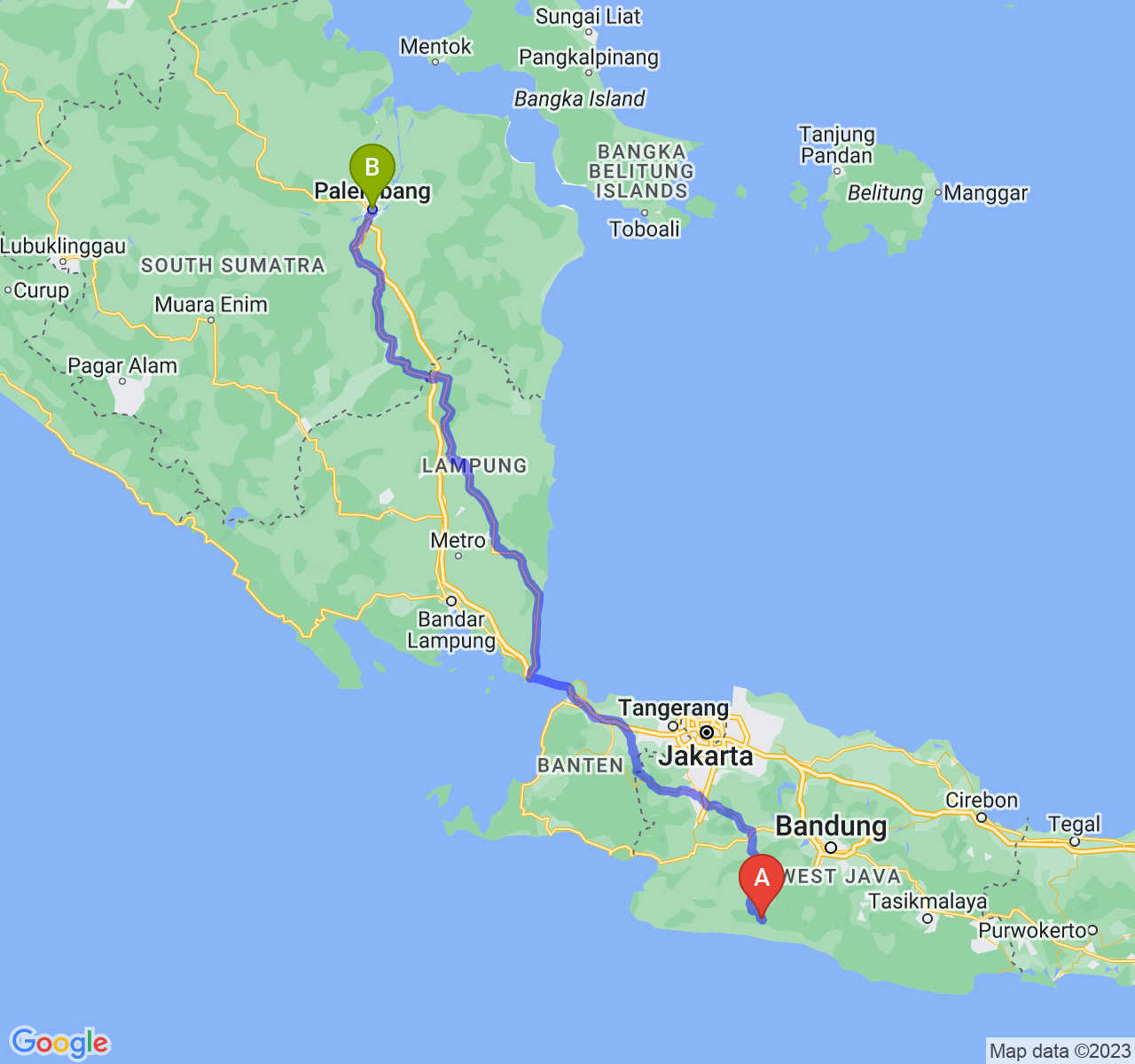 rute perjalanan Kab. Cianjur-Kota Palembang