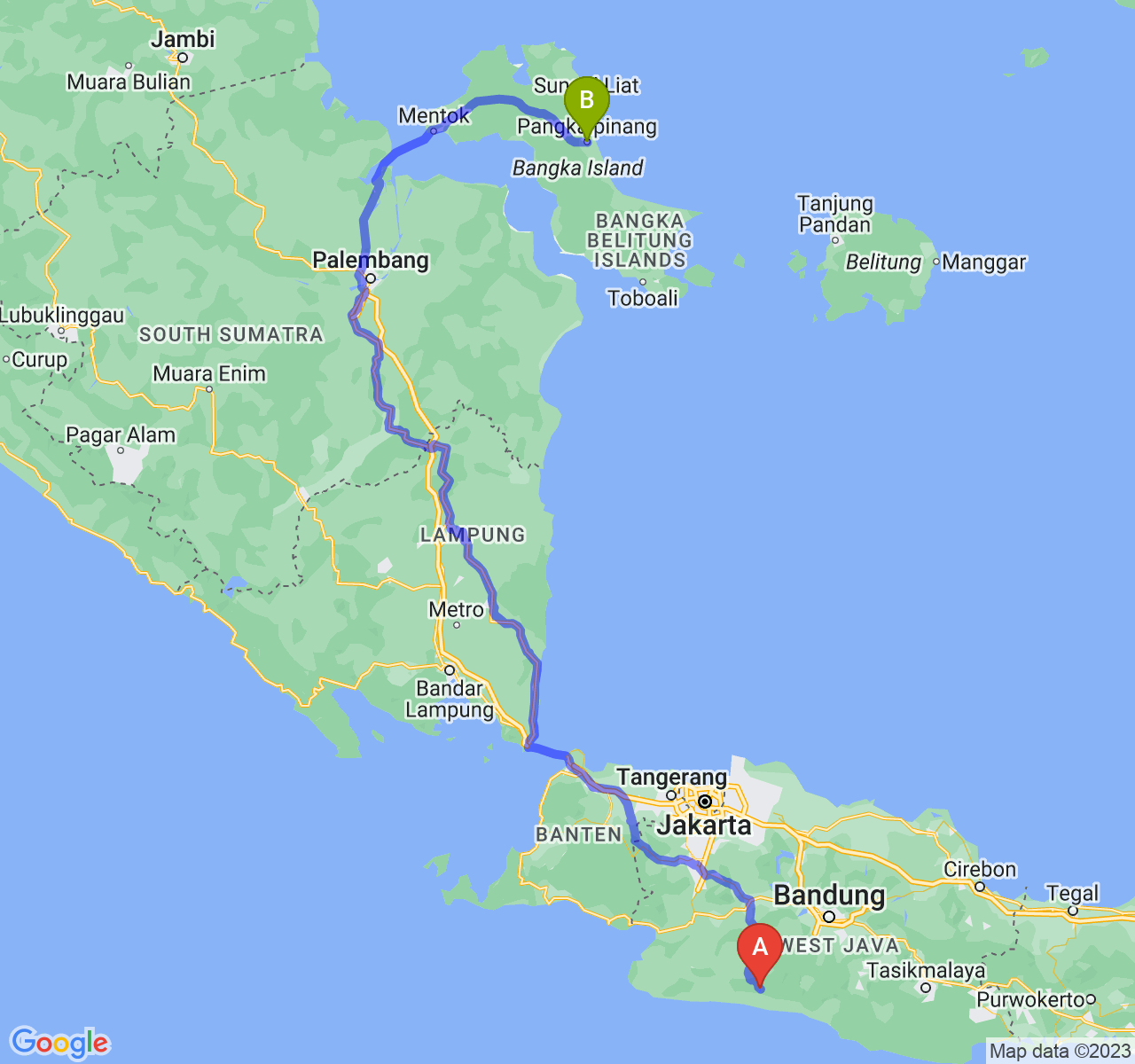 rute perjalanan Kab. Cianjur-Kota Pangkalpinang