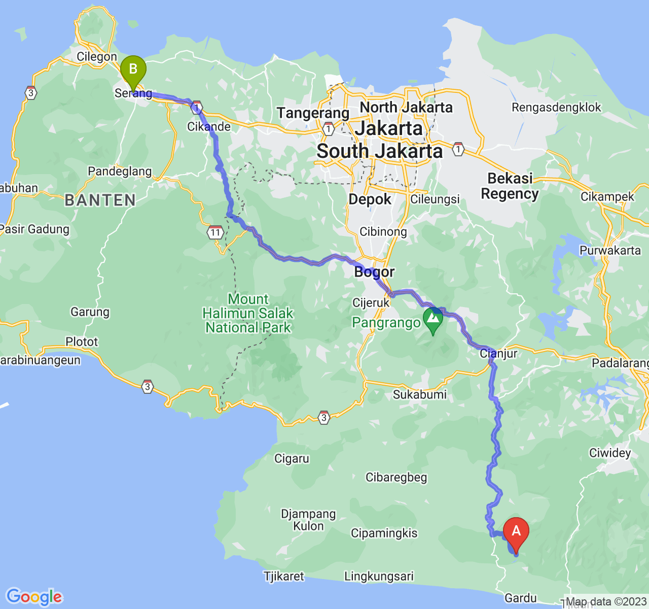 rute perjalanan Kab. Cianjur-Kota Serang