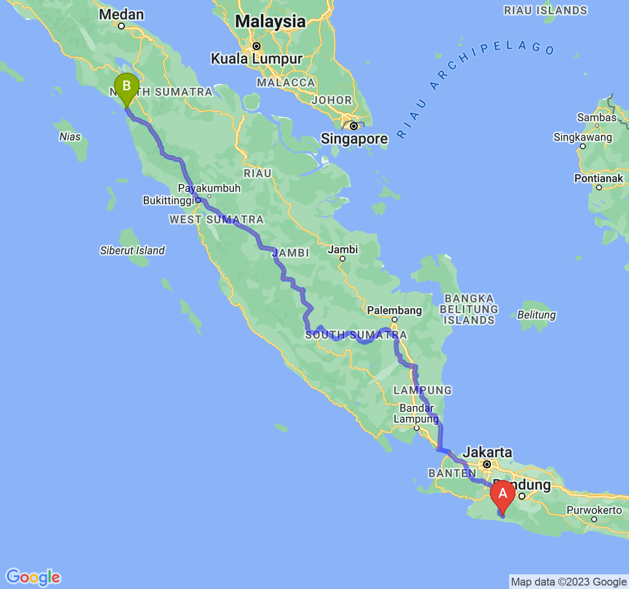 rute perjalanan Kab. Cianjur-Kota Sibolga