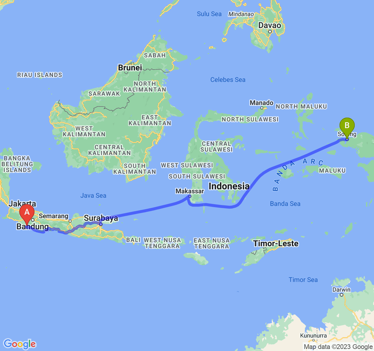 rute perjalanan Kab. Cianjur-Kota Sorong