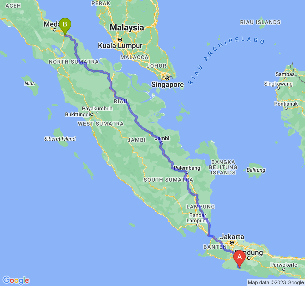 rute perjalanan Kab. Cianjur-Kota Tebing Tinggi