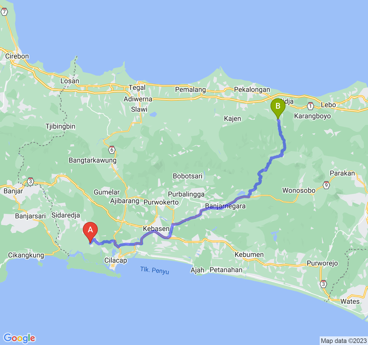 rute perjalanan Kab. Cilacap-Kab. Batang