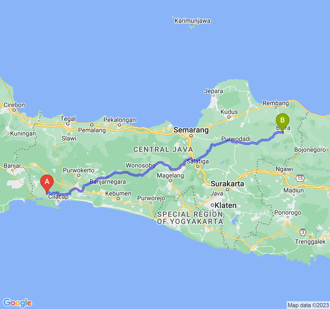 rute perjalanan Kab. Cilacap-Kab. Blora