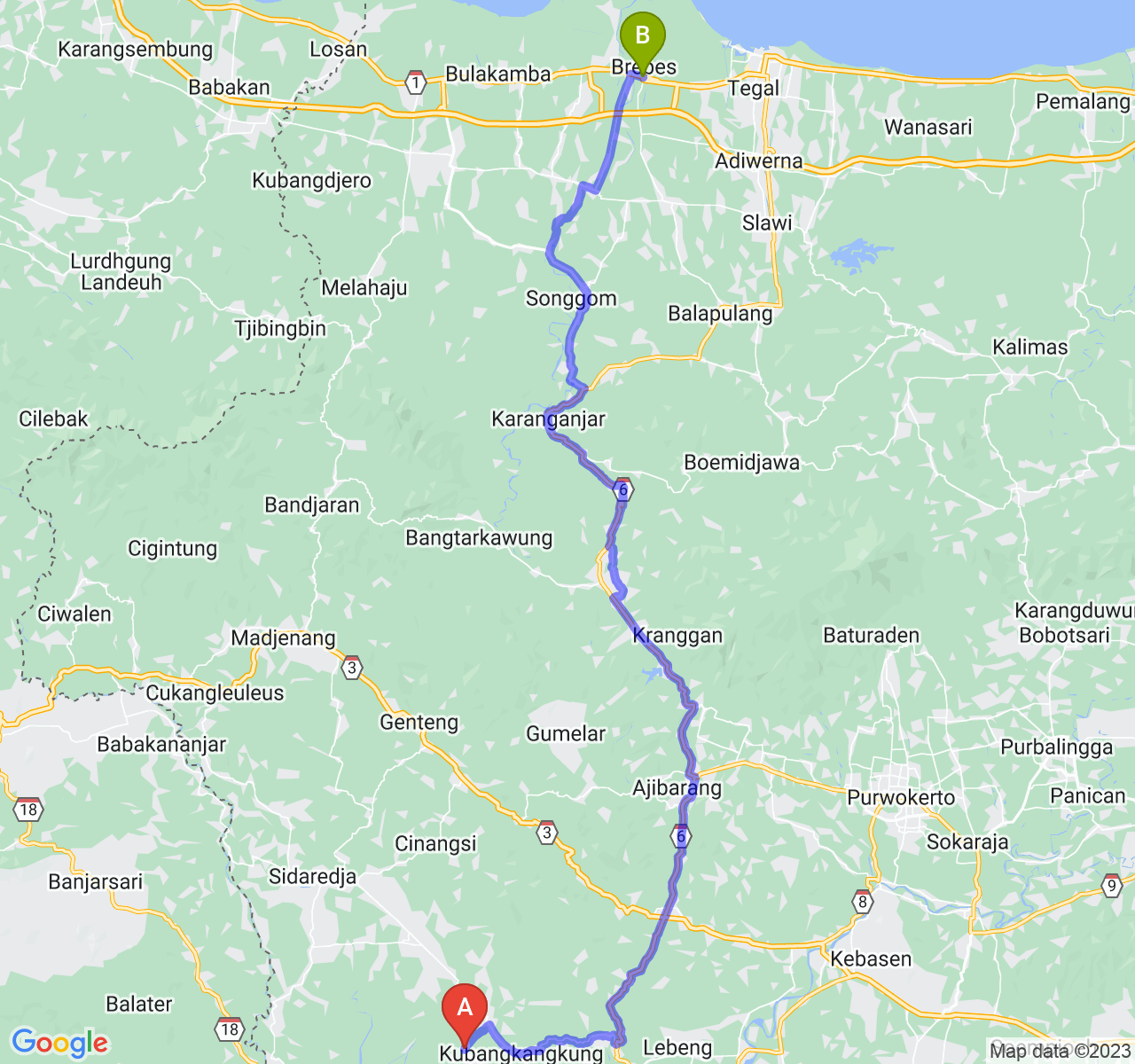 rute perjalanan Kab. Cilacap-Kab. Brebes