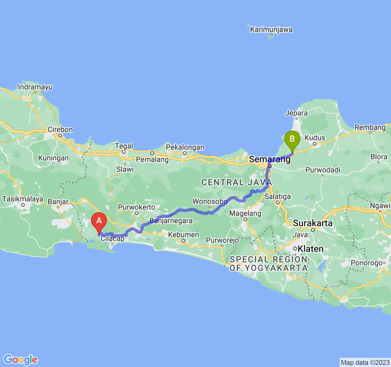 rute perjalanan Kab. Cilacap-Kab. Demak