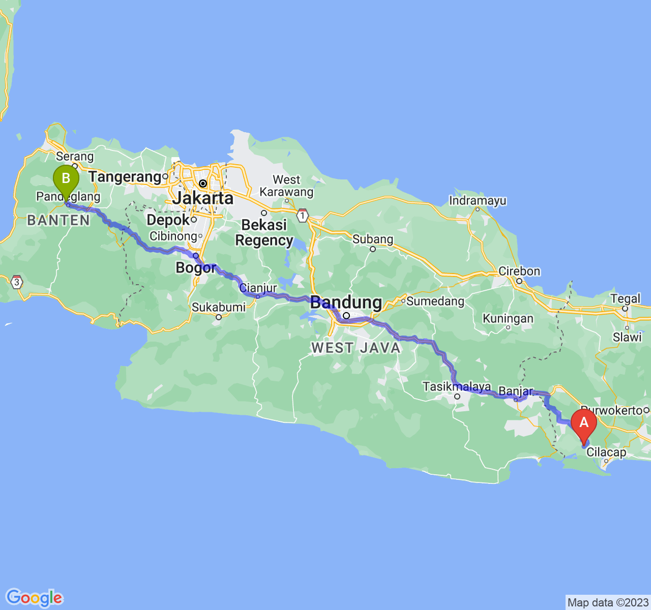 rute perjalanan Kab. Cilacap-Kab. Pandeglang