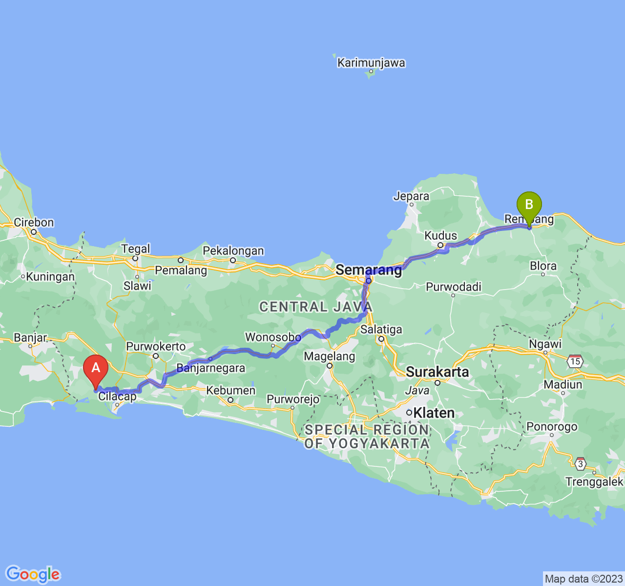 rute perjalanan Kab. Cilacap-Kab. Rembang