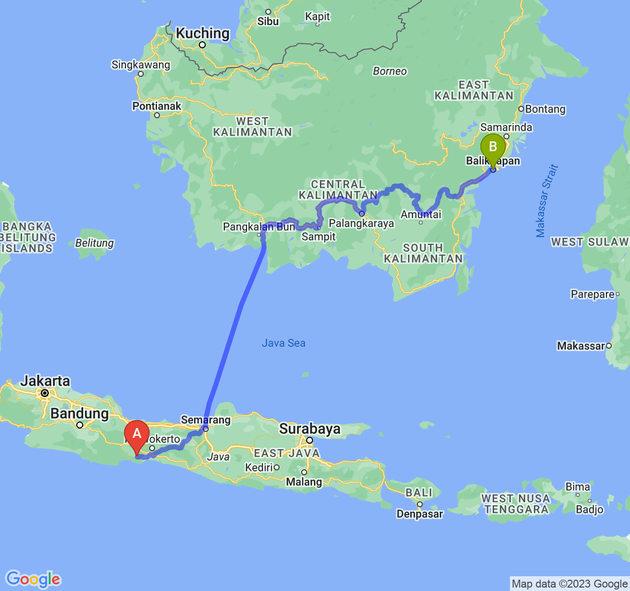 rute perjalanan Kab. Cilacap-Kota Balikpapan