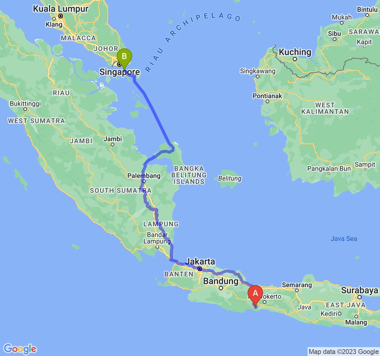 rute perjalanan Kab. Cilacap-Kota Batam