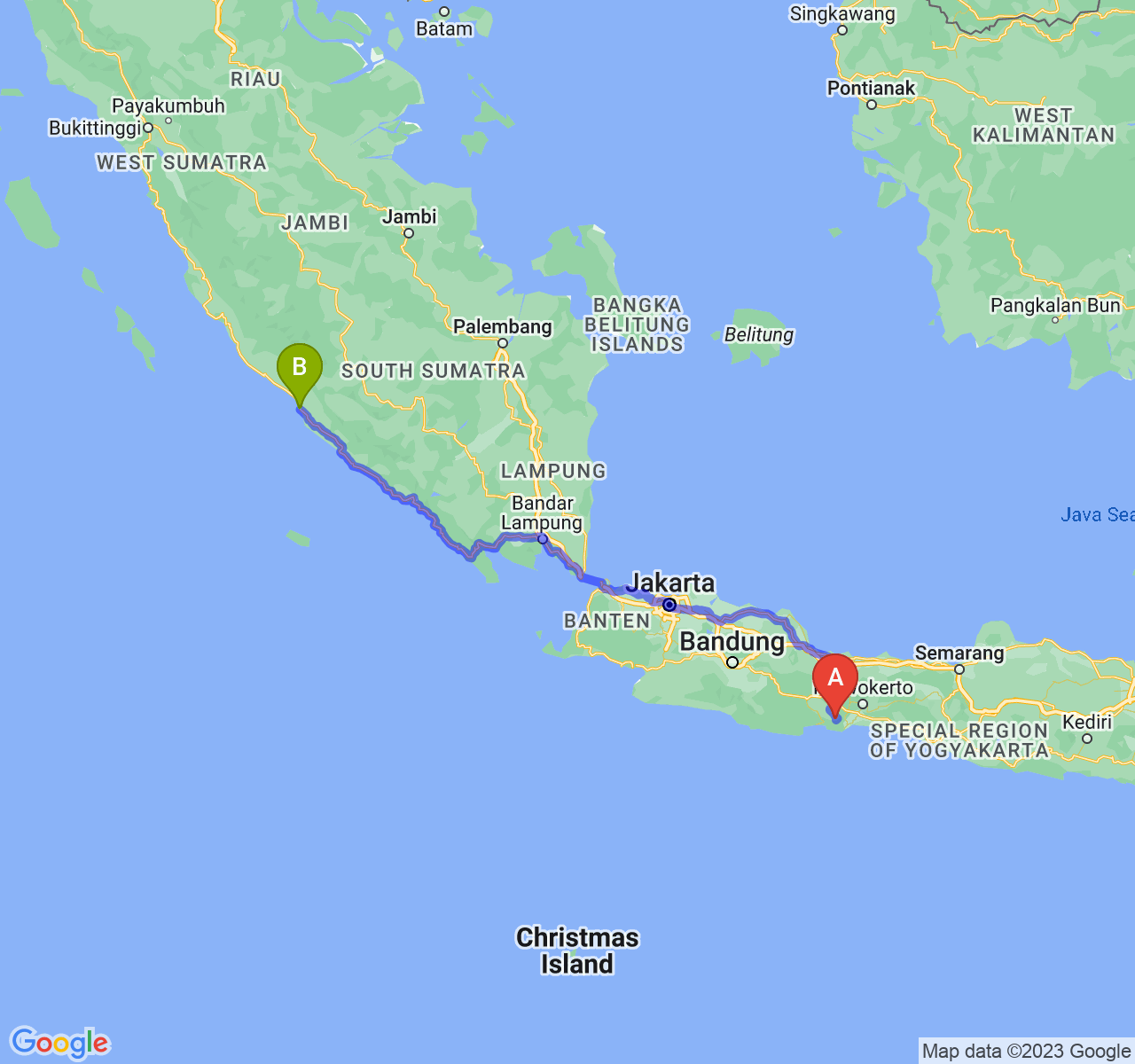 rute perjalanan Kab. Cilacap-Kota Bengkulu