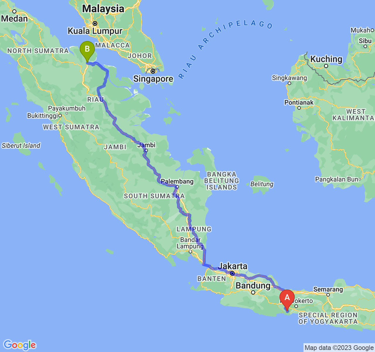 rute perjalanan Kab. Cilacap-Kota Dumai