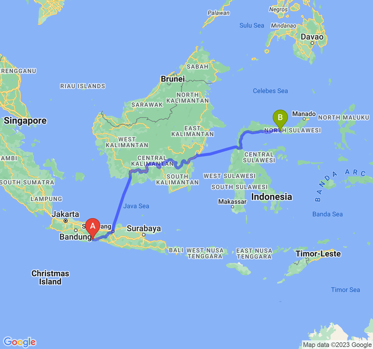 rute perjalanan Kab. Cilacap-Kota Gorontalo