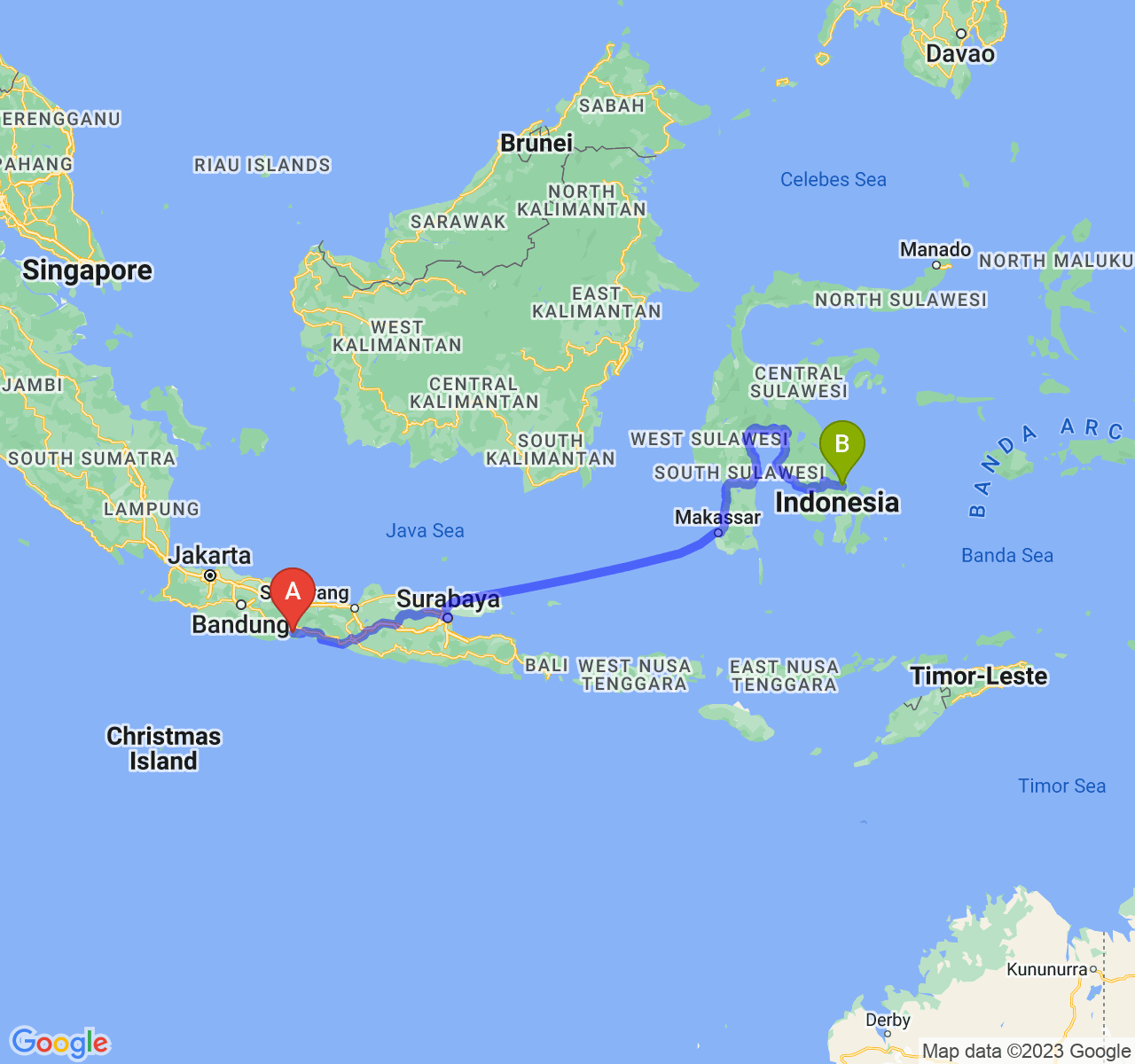 rute perjalanan Kab. Cilacap-Kota Kendari