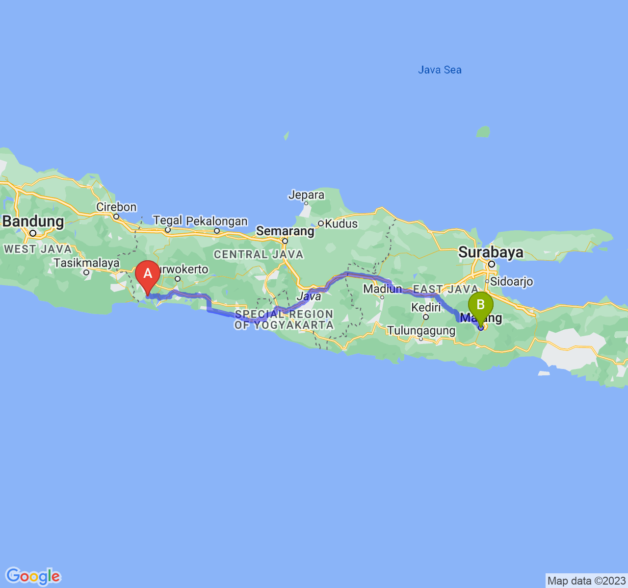 rute perjalanan Kab. Cilacap-Kota Malang