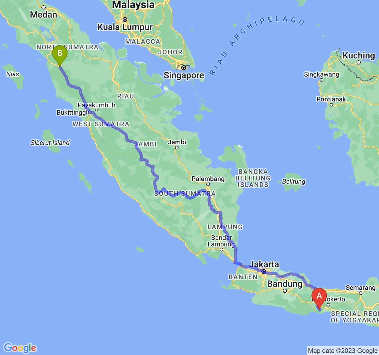 rute perjalanan Kab. Cilacap-Kota Padang Sidimpuan