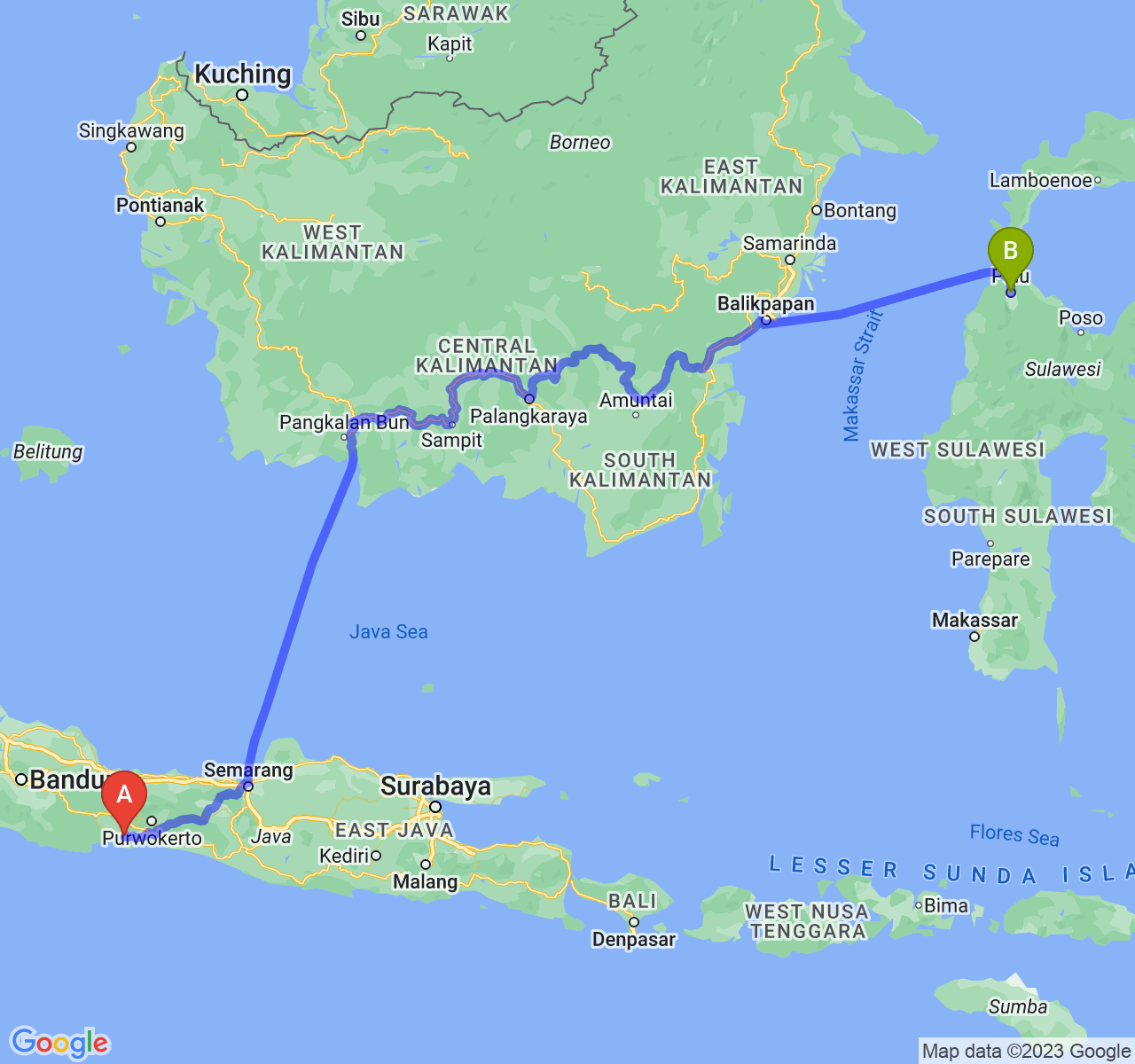 rute perjalanan Kab. Cilacap-Kota Palu